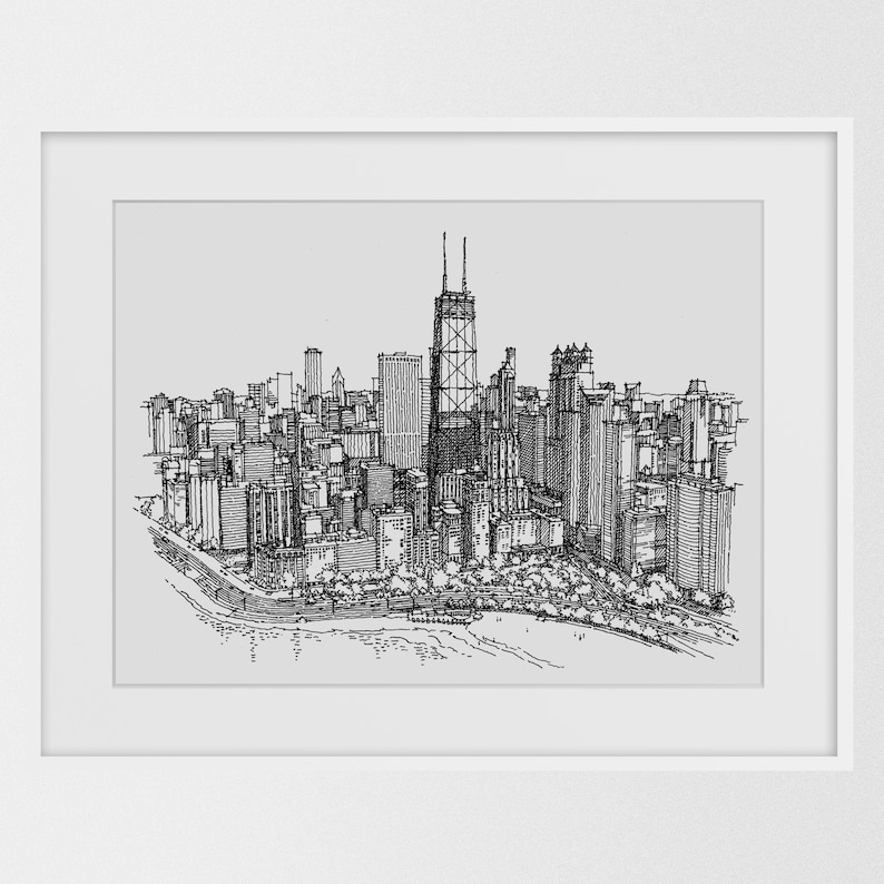 Chicago Digital Print, Printable Wall Art, Chicago Skyline Print, Pen ...