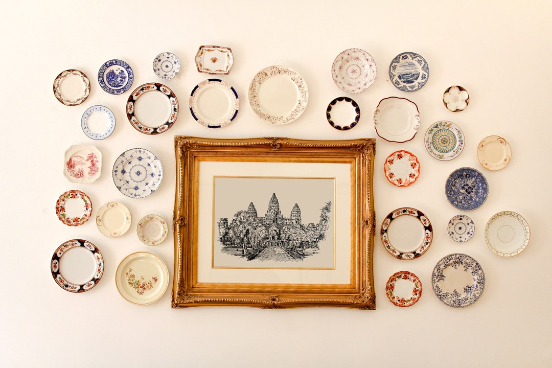 アンコールワット カンボジア ウォールアート、白黒インク画プリント