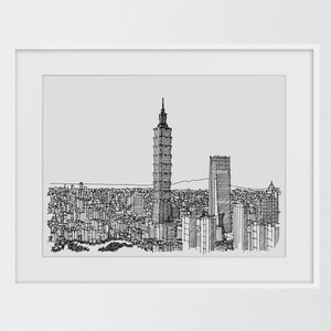 May include: Black and white line drawing of a city skyline with a tall skyscraper in the center. The drawing is framed in a white frame.