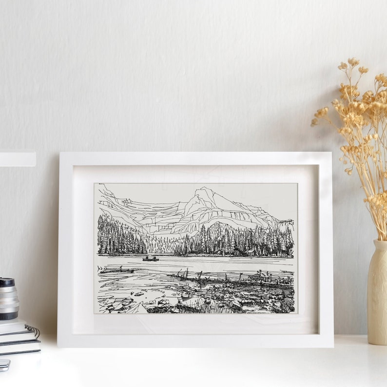 Banff National Park Print, Canada Landscape Wall Art Print, Drawings of Mountains, Travel Gift, Original Drawing Print, World Traveler Art image 1