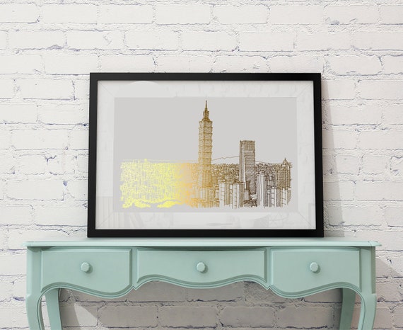 Taiwan Art Print, Taipei Wall Art, Taiwan Art Gold Print, Taipei Taiwan Skyline, Taipei 101, Metallic gold City Illustration Print, Foil Art