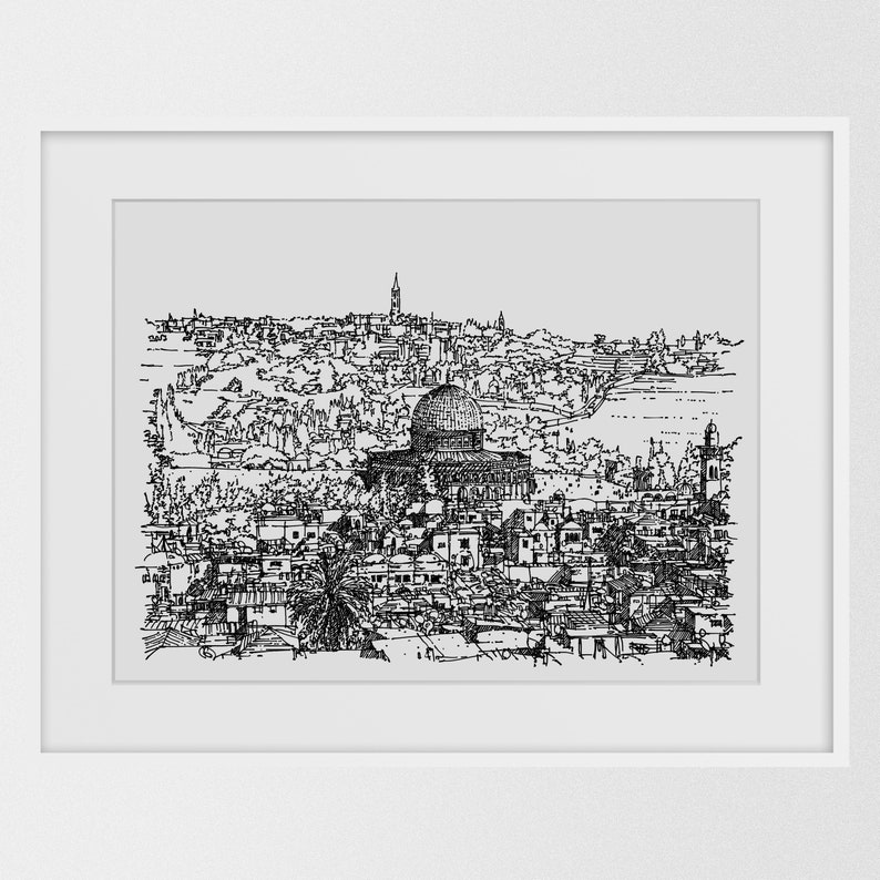 Jerusalem Art Print, Israeli art, Jerusalem Israel Poster, Holy Land, Cityscape Print, Jewish Home Decor, Original Drawing, Jewish Gift image 4
