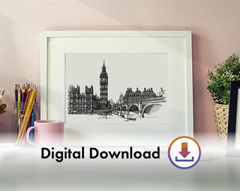 London Digitaldruck, druckbare Wandkunst, Big Ben London Kunst, London Skyline Druck, Stiftzeichnung, Wahrzeichen von London, digitaler Download