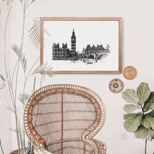 London Wall Art, London Skyline Print, London Drawing, Pen and Ink Illustration, London landmarks, Architecture Print, Black and White Art image 2