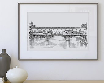 Dibujo arquitectónico del puente Ponte Vecchio, impresión de dibujo de tinta, arte de Florencia Italia, cartel de Florencia, regalos de viaje de Italia, arte de línea original