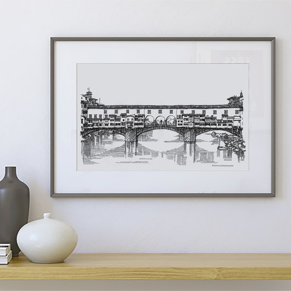 Ponte Vecchio Bridge Architecture Drawing, Ink Drawing Print, Florence Italy Art, Florence Poster, Italy Travel Gifts, Original line Art