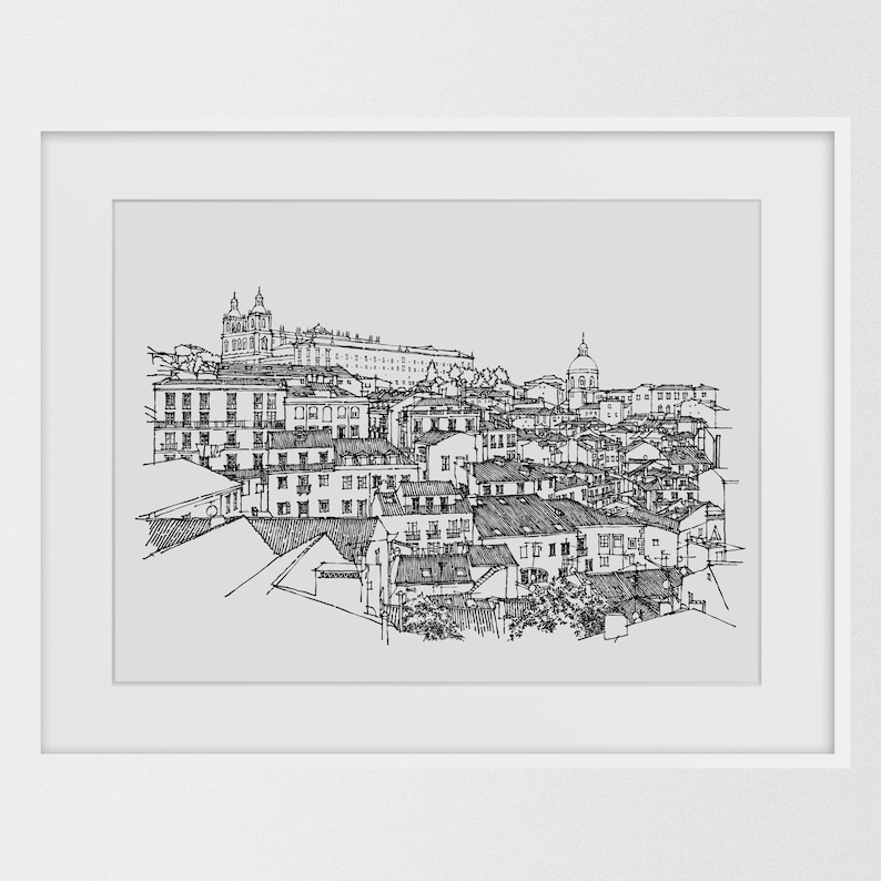 May include: Black and white line drawing of a cityscape with buildings and a church in the background.