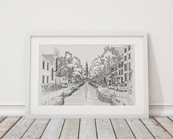 Amsterdam Poster, Original Amsterdam Canal Drawing, Black & White Amsterdam Print, Architecture Print, Netherland Gift, Room Decor Aesthetic