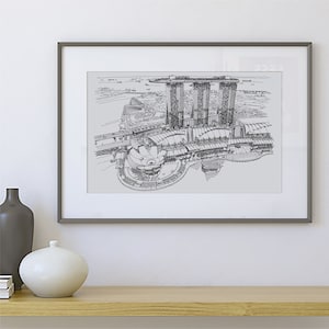 Singapore Skyline Art Print, Singapore Travel Poster, Pen en Inkt Illustratie Print, Singapore Art Gifts, Zwart-Wit Office Decor