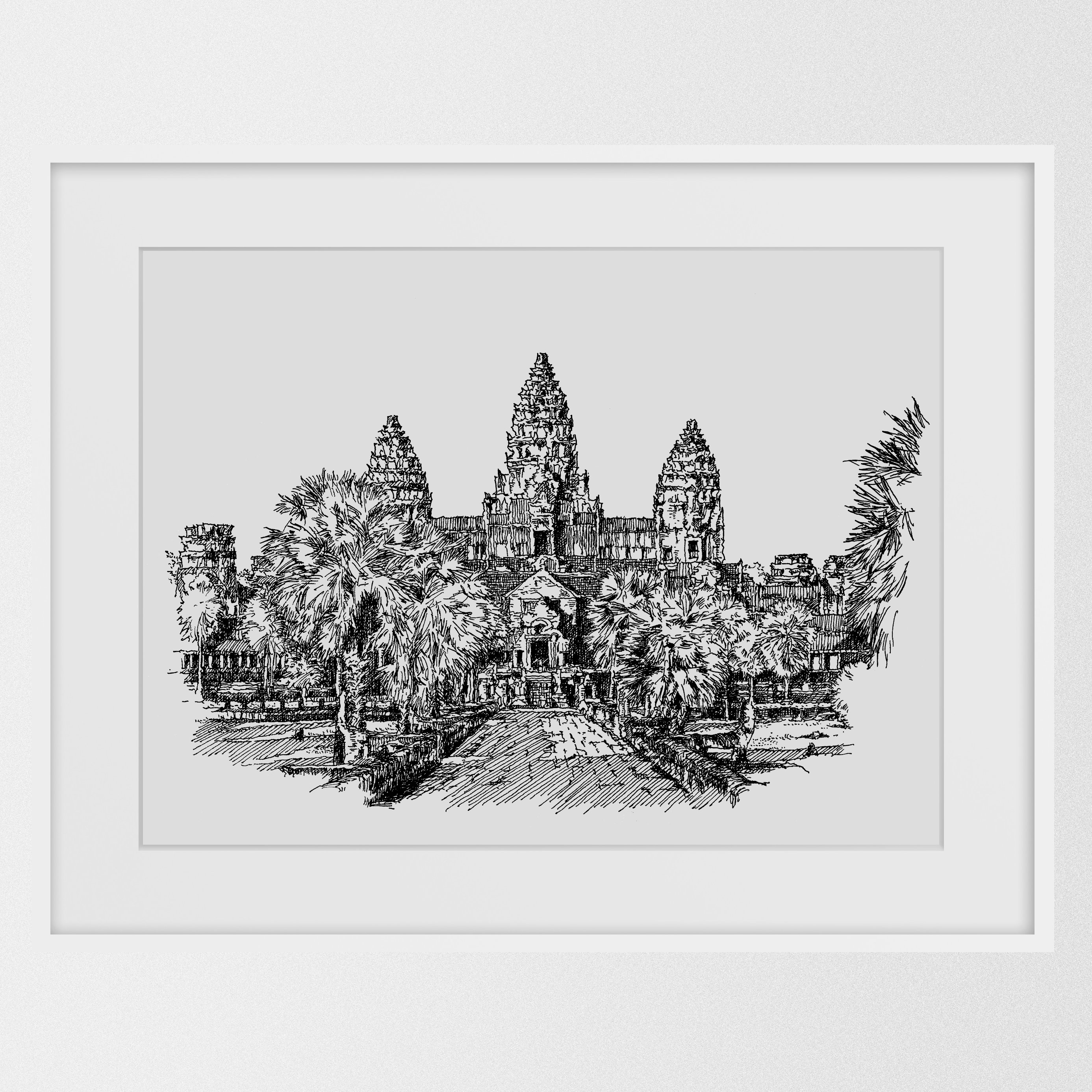 アンコールワット カンボジア ウォールアート、白黒インク画プリント