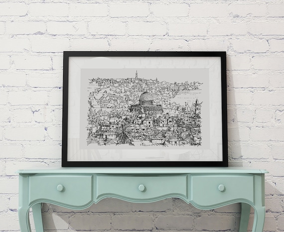 Jerusalem Art Print, Israeli art, Jerusalem Israel Poster, Holy Land, Cityscape Print, Jewish Home Decor, Original Drawing, Jewish Gift