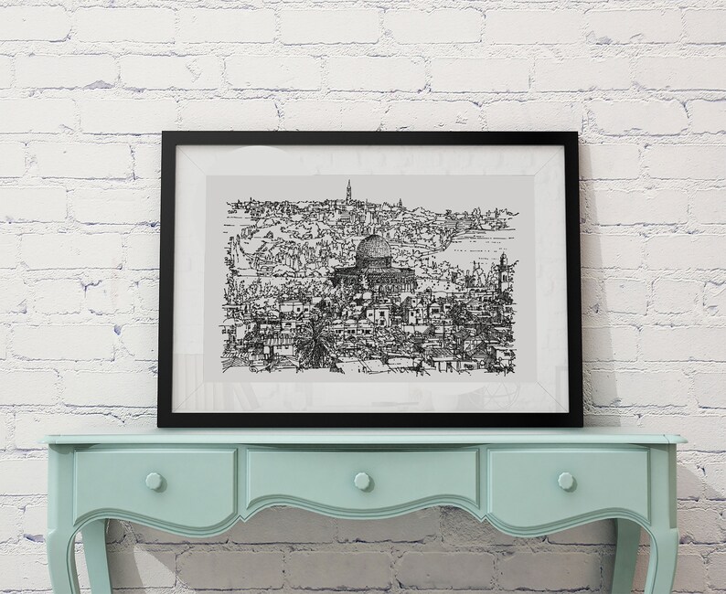 Jerusalem Art Print, Israeli art, Jerusalem Israel Poster, Holy Land, Cityscape Print, Jewish Home Decor, Original Drawing, Jewish Gift image 1