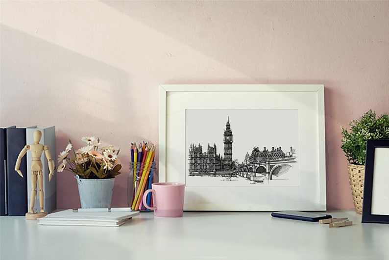 London Wall Art, London Skyline Print, London Drawing, Pen and Ink Illustration, London landmarks, Architecture Print, Black and White Art image 1
