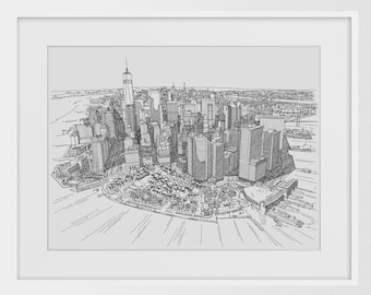 New York Skyline Drawing Print, NYC Skyline, New York City Wall