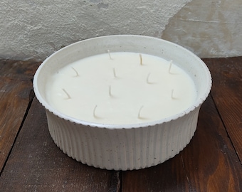 Large soy candle, multiwick with aroma of Beach and Black oyd in white ceramic stoneware bowl