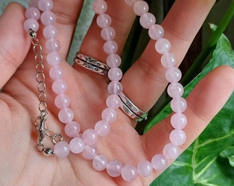 ROSE QUARTZ natural stone necklace, rose quartz jewelry beads 6mm, rose quartz heart chakra.