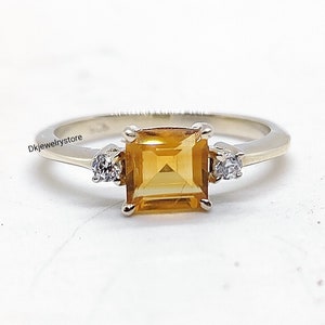 Square Citrine Solitaire Ring: 925K Sterling Silver, November Birthstone