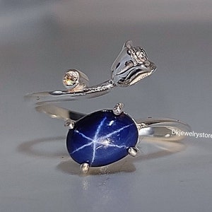 Unique Blue Star Sapphire Ring, Rose Flowers Ring, Star Gemstone, Lindy Star Ring, 925 Sterling Silver, Star Sapphire Jewelry