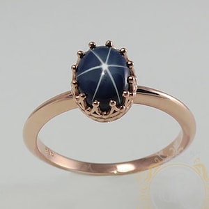 14k Rose Gold Star Sapphire Ring, Blue Star Sapphire, 6 Rays Star, 925 Sterling Silver, Lindy Star Sapphire, Mothers Day Gifts