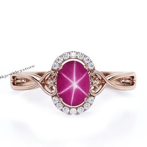Pink Star Sapphire Ring: Oval Gemstone, 14k Gold, CZ Diamonds