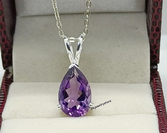 Amethyst Pear Shaped Pendant Set in 925 Starling Silver, Natural Amethyst Necklaces, Anniversary Gift Amethyst Gemstone, Gift for Her