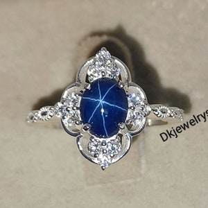 Vintage Lab Grown Blue Star Sapphire Ring, 6 Rays Star Oval Cabochon Gemstone, Lindy Star Ring, 925 Sterling Silver, Star Saffire Ring