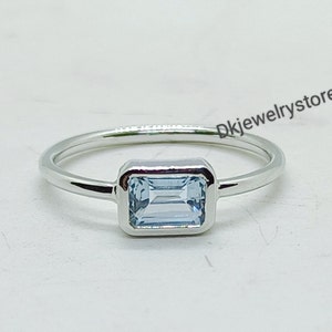 Emerald Cut Aquamarine Ring: Sterling Silver Bezel Set