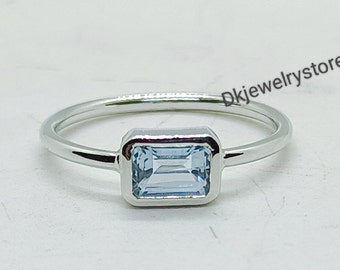 Aquamarine Ring, Bezel set Emerald Cut Aquamarine Ring, Genuine Aquamarine, Dainty Ring, Promise Ring, Statement Ring, Gift For Her