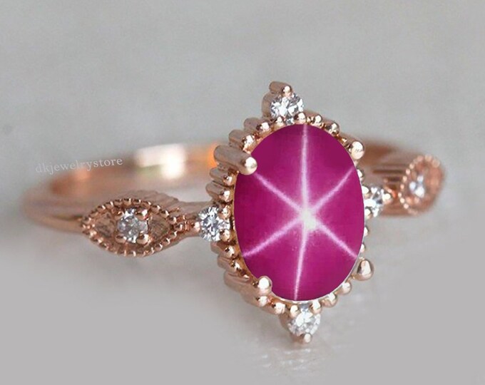 Bague Saphir étoile Rose En Argent 925 - Saphir De Laboratoire Ovale 8x6mm, Taille Ajustable, Fabrication Artisanale Inde