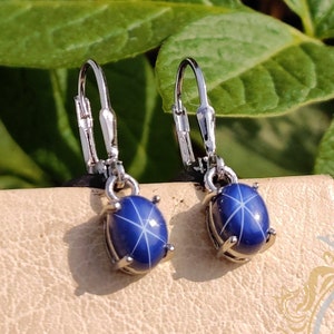 Blue Star Sapphire Sterling Silver Lever Back Drop Earrings