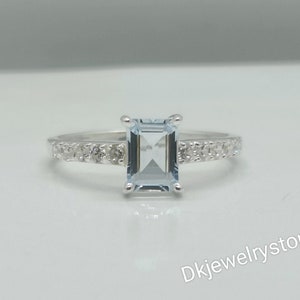 Natural Aquamarine Emerald Cut Ring: 925 Sterling Silver Promise Ring