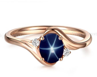 14k Rose Gold Star Blue Sapphire Ring, Lindy Star Sapphire, 925 Sterling Silver, Star Gemstone, Lindy Star Ring, Star Sapphire Jewelry