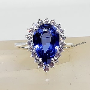 4.10 carat pear blue sapphire halo engagement ring, September birthstone, 8×12mm pear shape blue sapphire with cz diamonds, gift for her