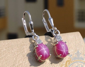 Pink Star Sapphire Leverback Earrings: Sterling Silver Dangle