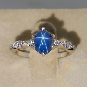 Sterling Silver Blue Star Sapphire Ring with CZ Diamonds