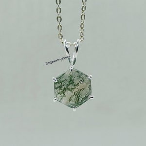 Moss Agate Hexagon Pendant: Sterling Silver Green Gem Necklace