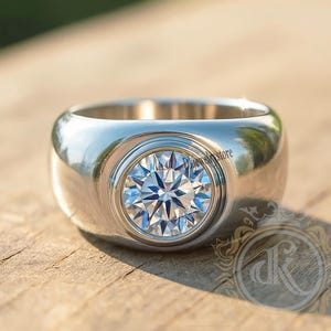 2 carat Round Moissanite Bezel Set Men&#39;s Signet Ring In Solid Gold, Men Moissanite Diamond Ring, Wedding Anniversary Gift For Him