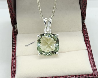 Cushion Cut Natural Green Amethyst Pendant, Natural Green Amethyst Necklace, February Birthstone, 925 Starling Silver, Women Gift for Her