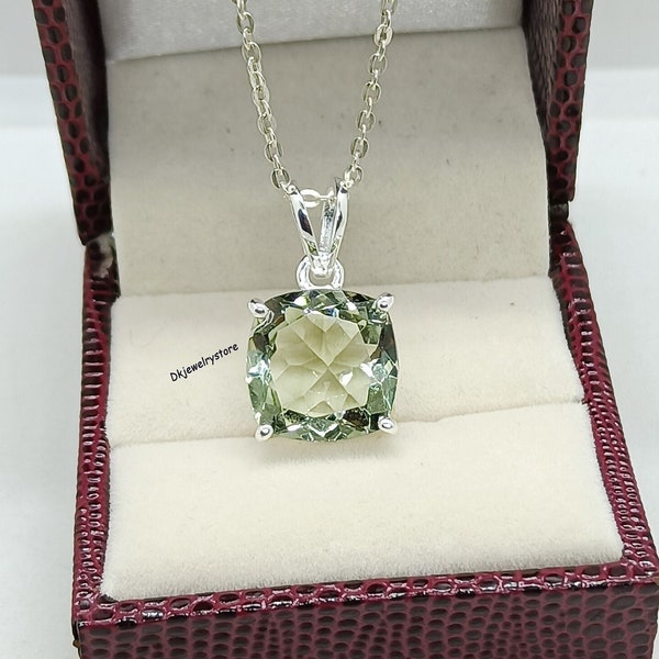 Cushion Cut Natural Green Amethyst Pendant, Natural Green Amethyst Necklace, February Birthstone, 925 Starling Silver, Women Gift for Her