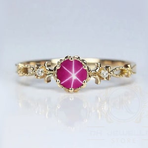 14k Yellow Gold 6 Mm round Pink Lindy Star Sapphire Ring, Simple Promise Ring for Her, Star Gemstone, Mothers Day Gifts