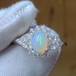 Natural Opal Diamond Cluster Ring, Antique Style, Sterling Silver
