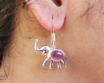 Cabochon Amethyst Elephant Earrings, Owl Earrings Dangle Earrings, 925 sterling Silver jewelry