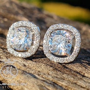 2 Carat Cushion Halo moissanite Stud Earrings, Diamond Studs For Women, Wedding Stud Earring, Christmas Day Gift