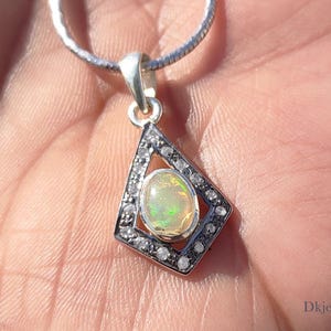 Fire Opal Diamond Pendant Necklace: Oval Gemstone, Sterling Silver