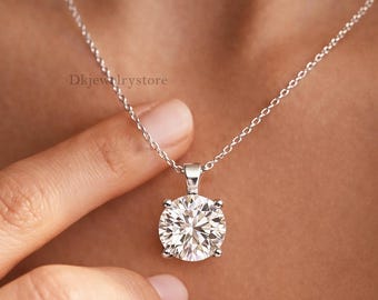 2 Carat Round Moissanite Solitaire Necklace, D VVS1, Sterling Silver