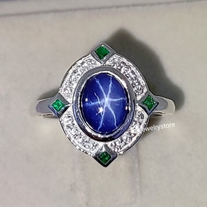 Vintage Blue Lindy Star Sapphire & Emerald Engagement Ring, Star Gemstone, 925 Sterling Silver, Star Sapphire Ring, Mothers Day Gifts