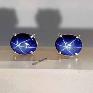 Blue Star Sapphire Stud Earrings: 925 Sterling Silver