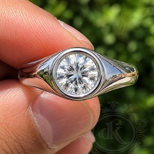 2 Carat Round Moissanite Signet Ring, Bezel Set Sterling Silver Jewelry, Statement Engagement Ring