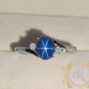 Blue Star Sapphire Ring, Lindy Star Ring, 925 Sterling Silver, 6rays Star, 6×8 Mm Cabochon Gemstone, Blue Lindy Star Sapphire Ring