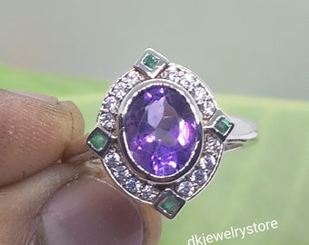 Antique oval cut Amethyst with square emerald Engagement Ring, February Birthstone, 925sterling Silver, Mothers Day Gifts